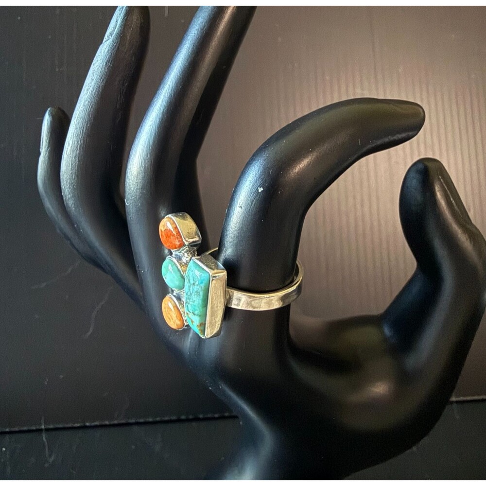 Sterling Silver Turquoise & Spiny Oyster Southwestern Bypass Statement Ring - Picture 6 of 8